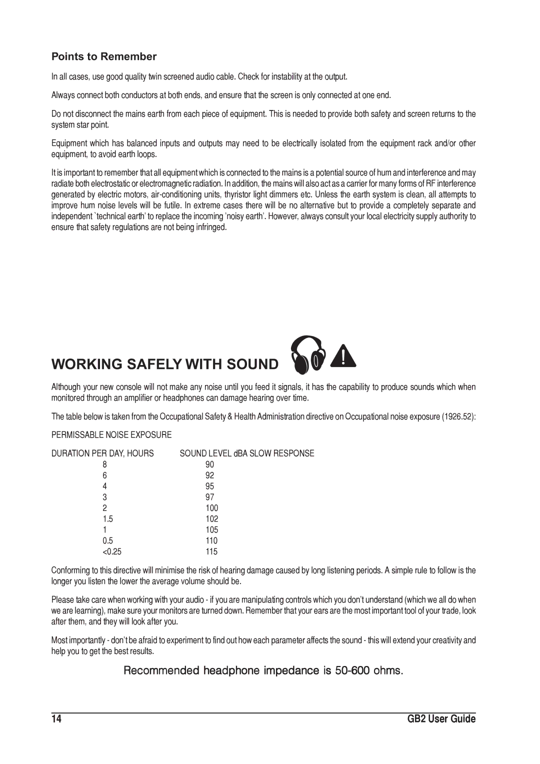 SoundCraft 1GB2 manual Points to Remember, Recommended headphone impedance is 50-600 ohms 