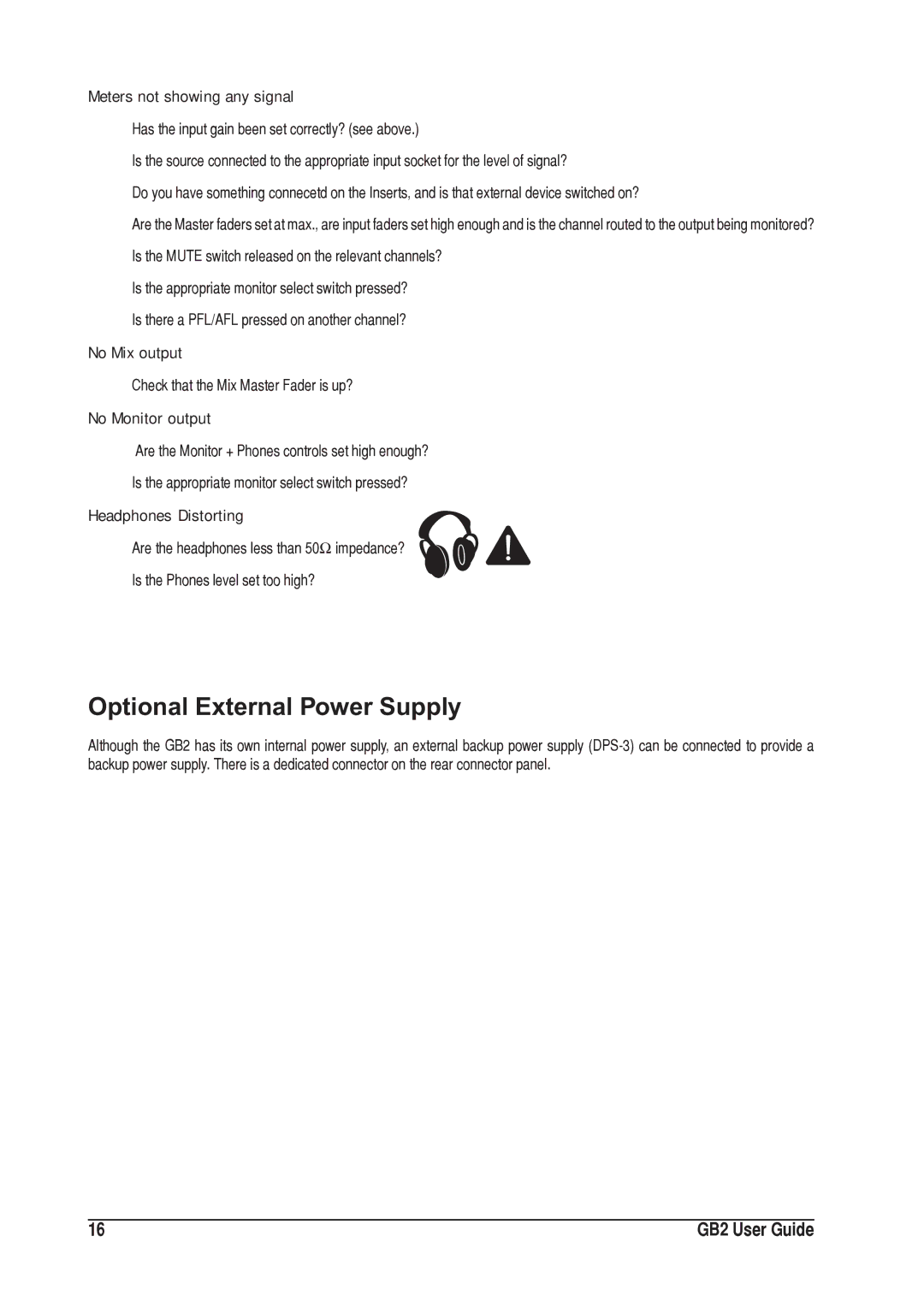 SoundCraft 1GB2 manual Optional External Power Supply, Meters not showing any signal 