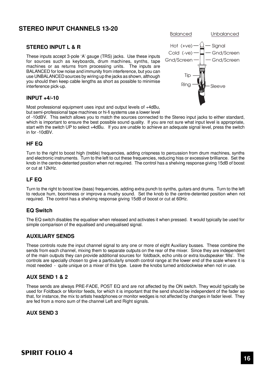 SoundCraft manual Stereo Input L & R, Input +4/-10, Lf Eq, EQ Switch, Auxiliary Sends 