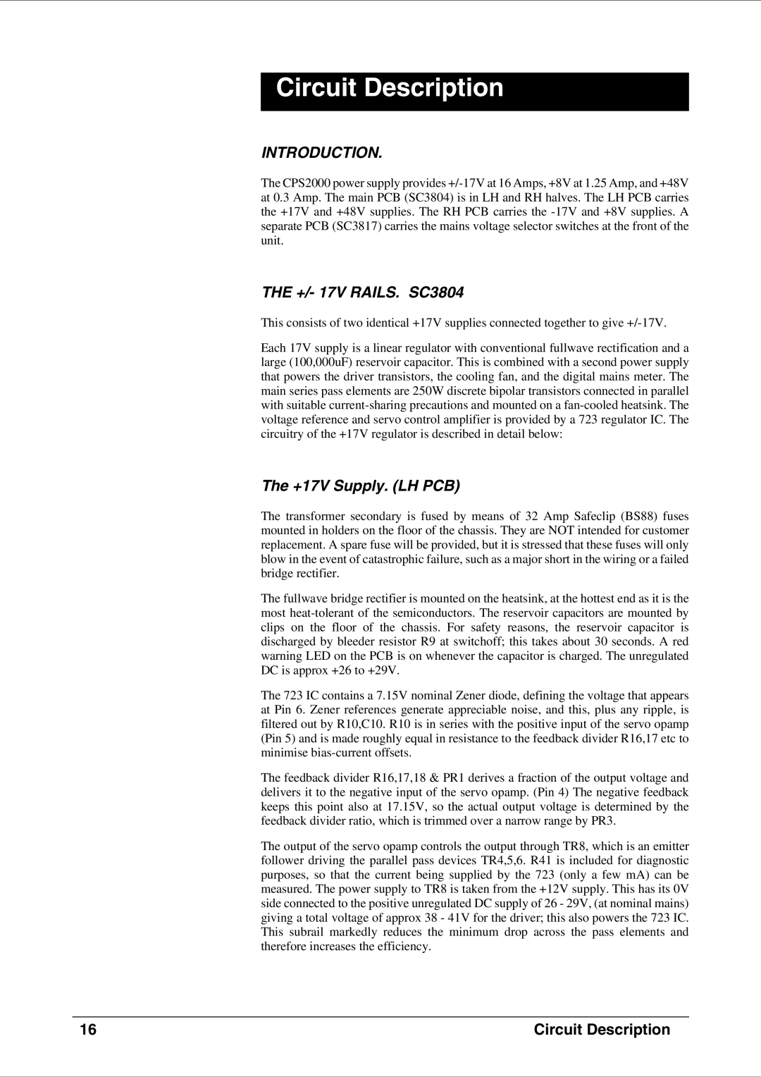 SoundCraft CPS2000 technical manual Circuit Description, +/- 17V RAILS. SC3804, +17V Supply. LH PCB 