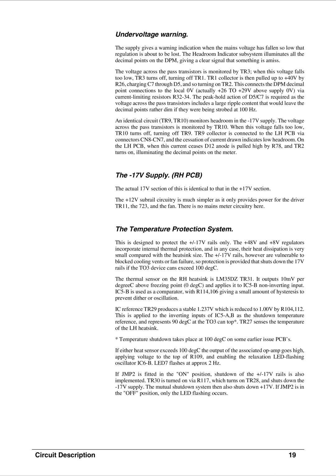 SoundCraft CPS2000 technical manual Undervoltage warning, 17V Supply. RH PCB, Temperature Protection System 