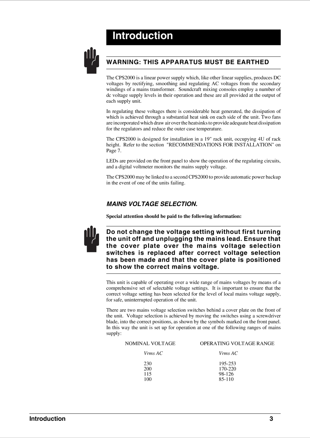 SoundCraft CPS2000 technical manual Introduction, Mains Voltage Selection 