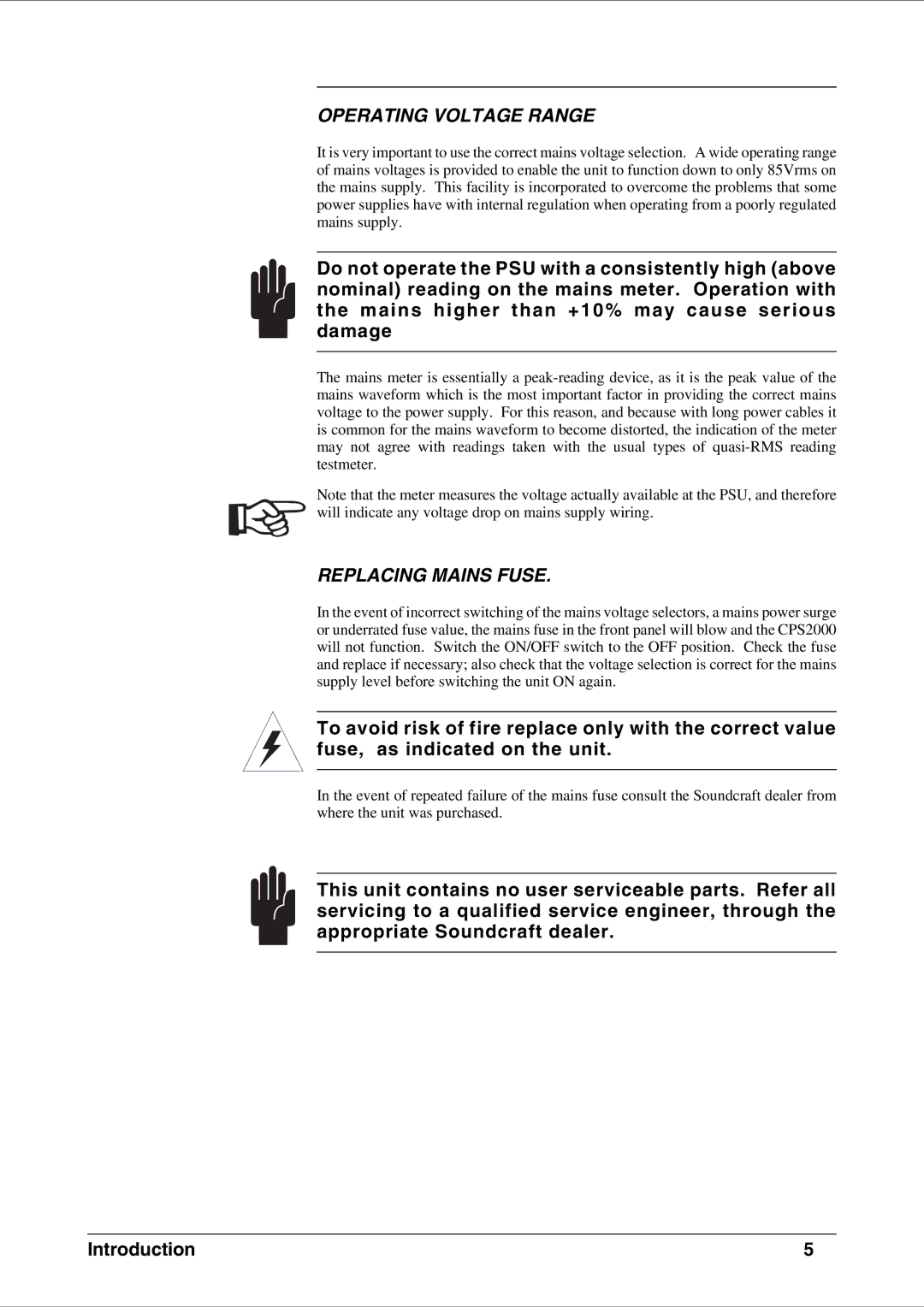 SoundCraft CPS2000 technical manual Operating Voltage Range 