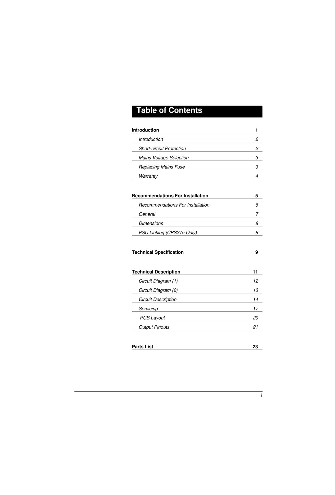 SoundCraft CPS250, CPS275 technical manual Table of Contents 