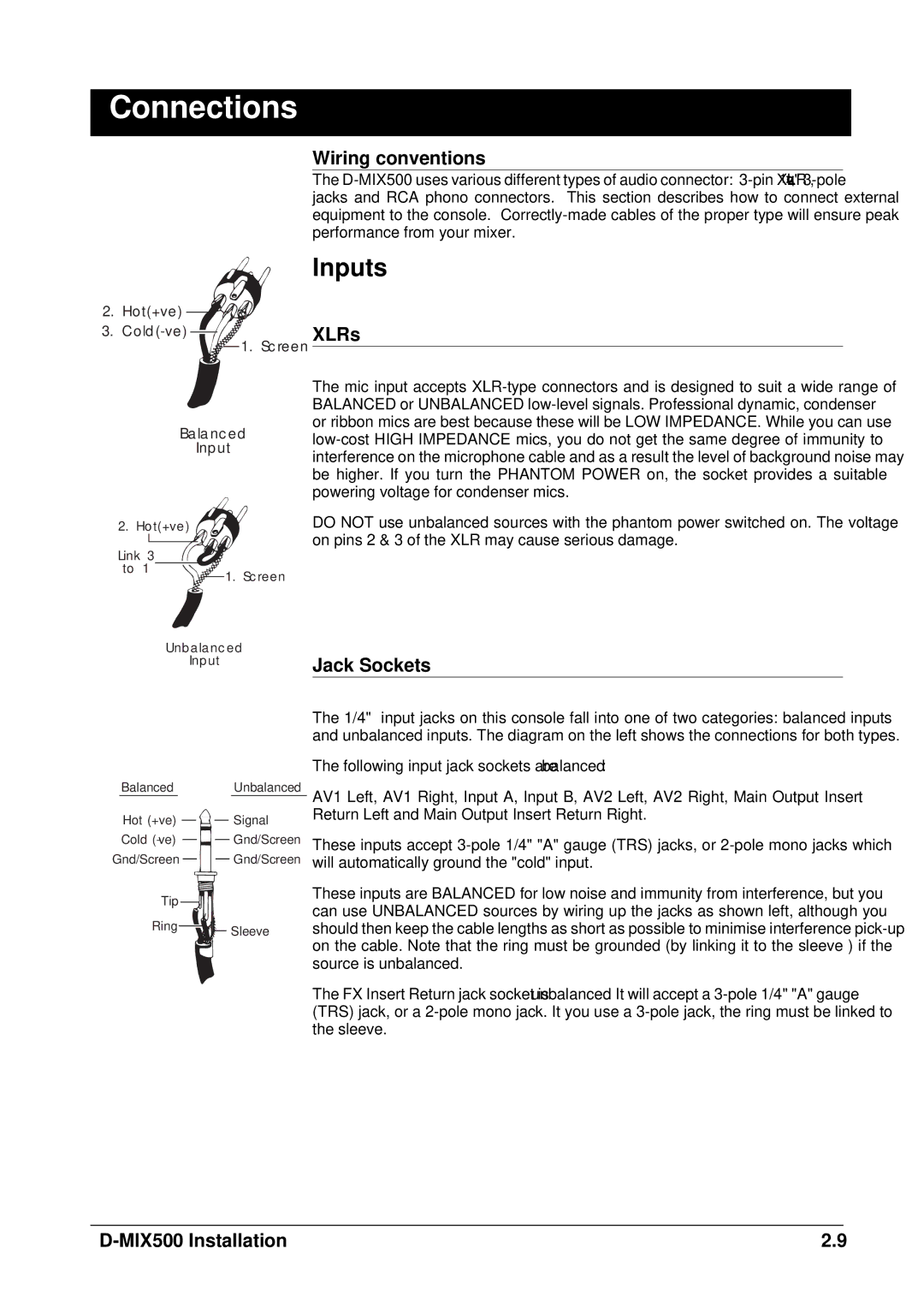 SoundCraft D-Mix 500 manual Connections, Wiring conventions, Jack Sockets 