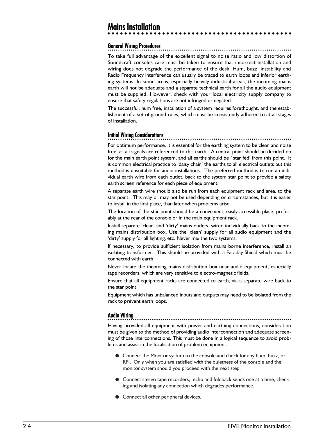 SoundCraft Five Monitor Series Mains Installation, General Wiring Procedures, Initial Wiring Considerations, Audio Wiring 