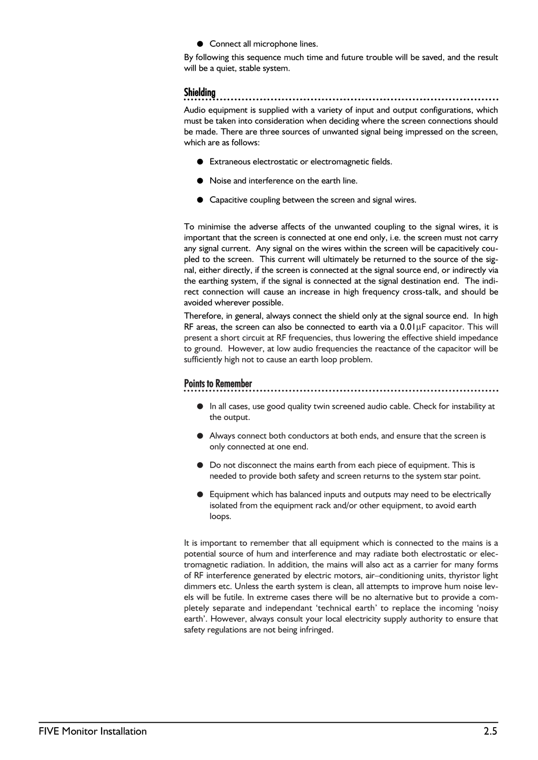 SoundCraft Five Monitor Series manual Shielding, Points to Remember 