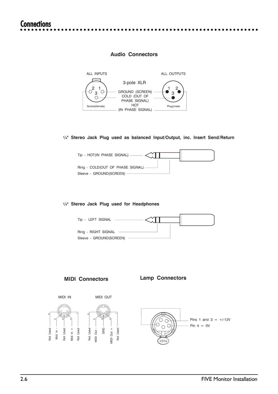 SoundCraft Five Monitor Series manual Connections, Audio Connectors 