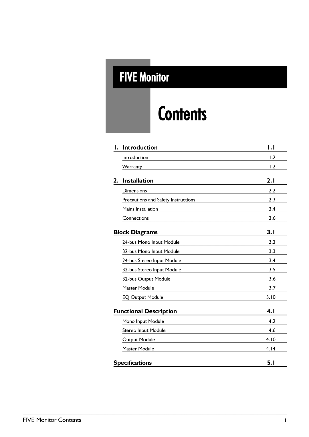 SoundCraft Five Monitor Series manual Contents 