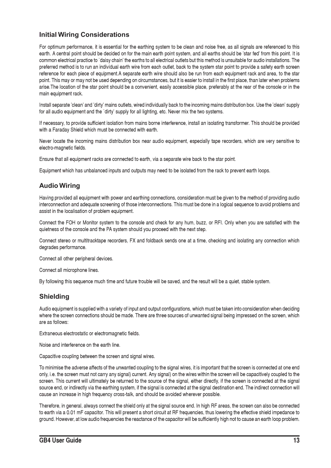 SoundCraft GB4 manual Initial Wiring Considerations, Audio Wiring, Shielding 