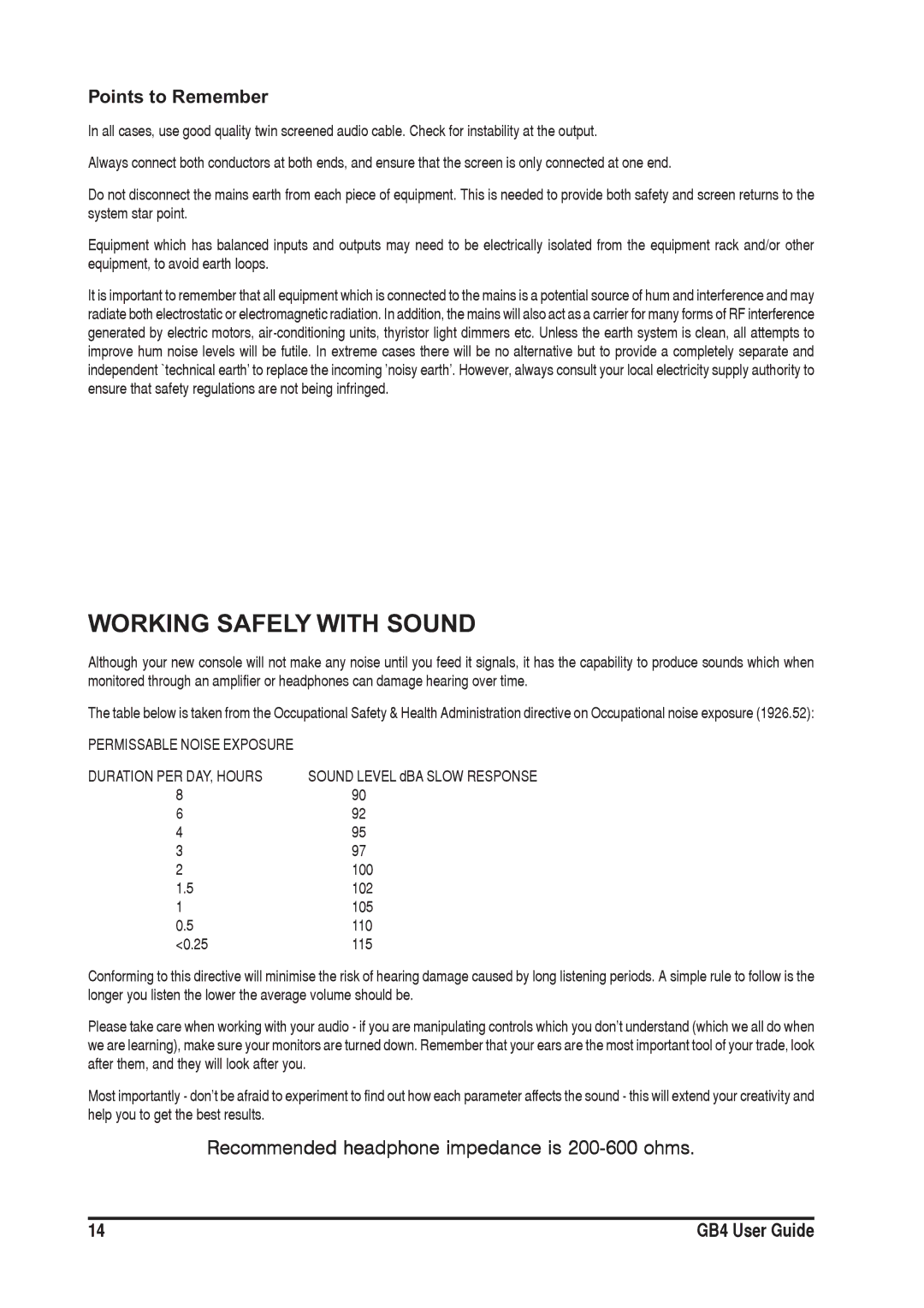 SoundCraft GB4 manual Points to Remember, Recommended headphone impedance is 200-600 ohms 