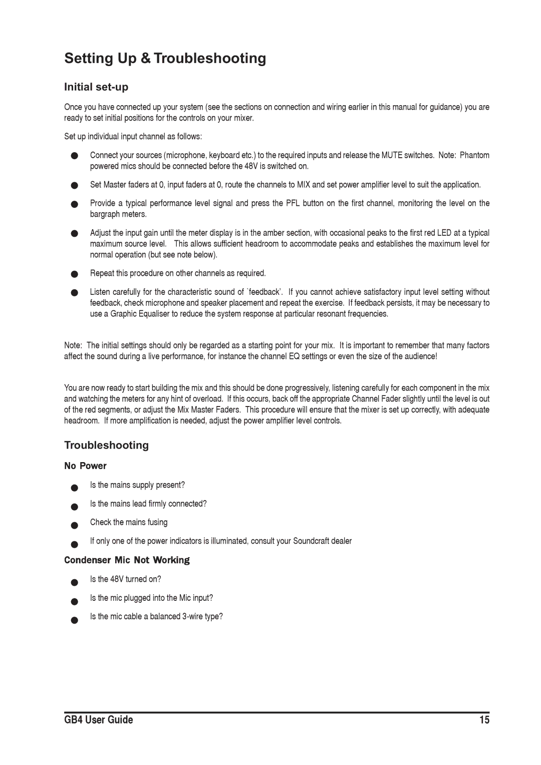 SoundCraft GB4 manual Setting Up & Troubleshooting, Initial set-up 