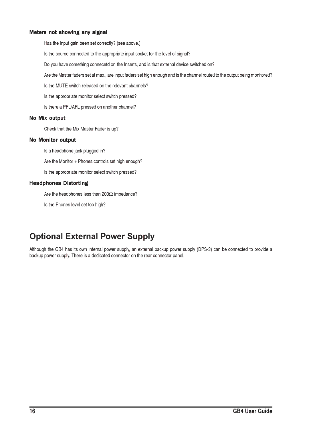 SoundCraft GB4 manual Optional External Power Supply, Meters not showing any signal 