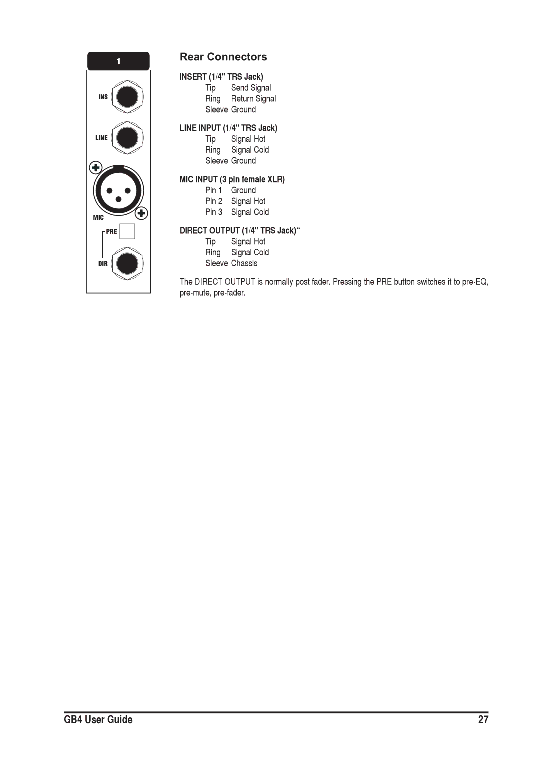 SoundCraft GB4 manual Rear Connectors, Insert 1/4 TRS Jack 