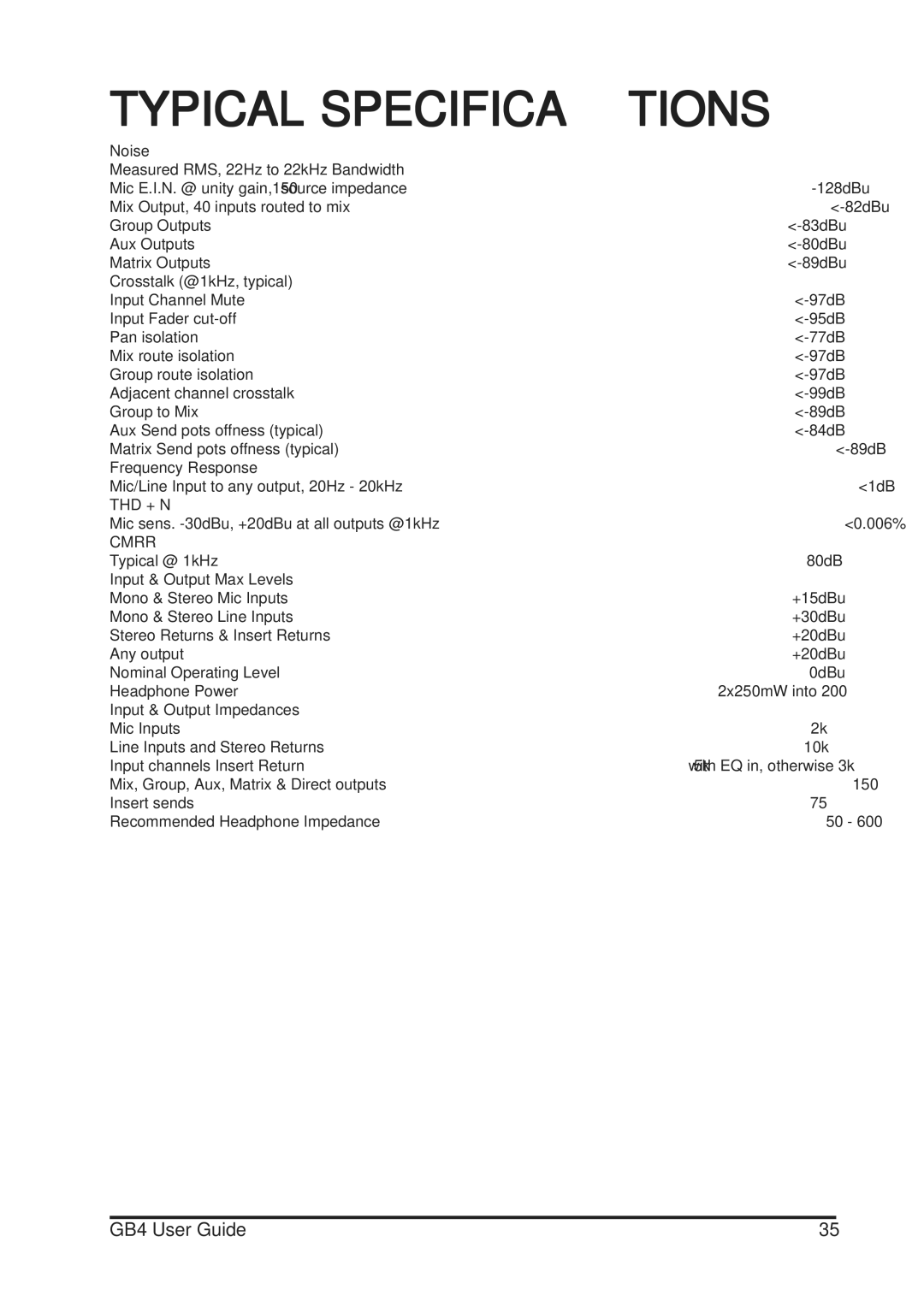 SoundCraft GB4 manual Typical Specifications 