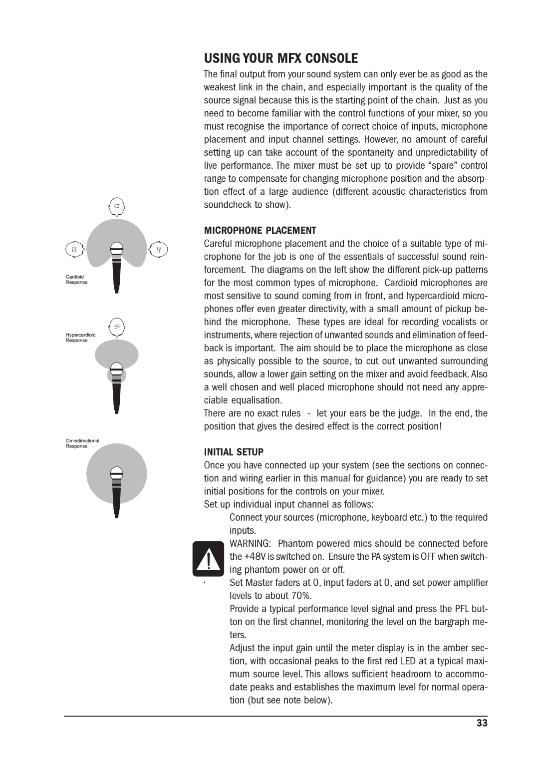 SoundCraft manual Using Your MFX Console, Microphone Placement, Initial Setup 