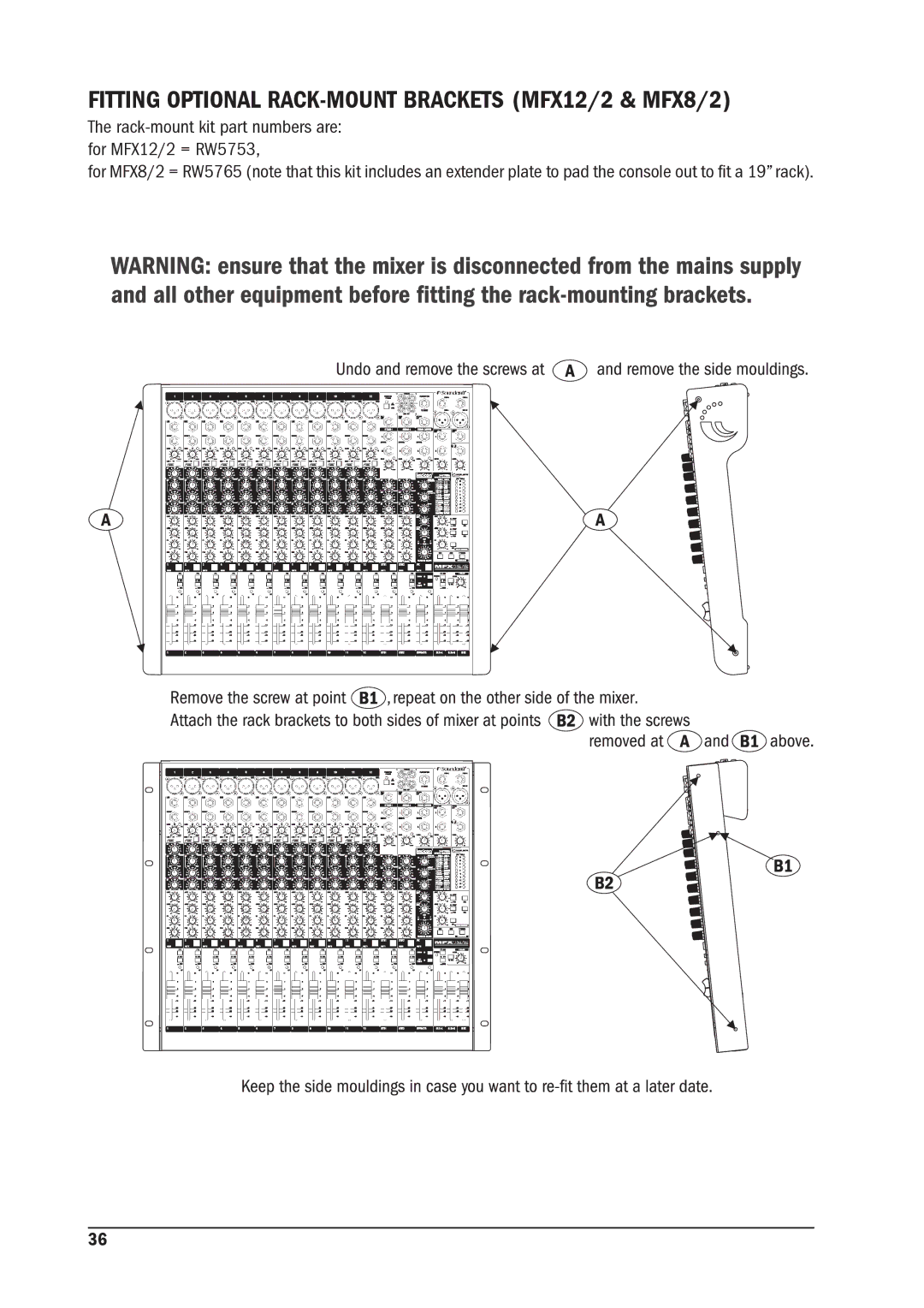 SoundCraft Fitting Optional RACK-MOUNT Brackets MFX12/2 & MFX8/2, Rack-mount kit part numbers are for MFX12/2 = RW5753 