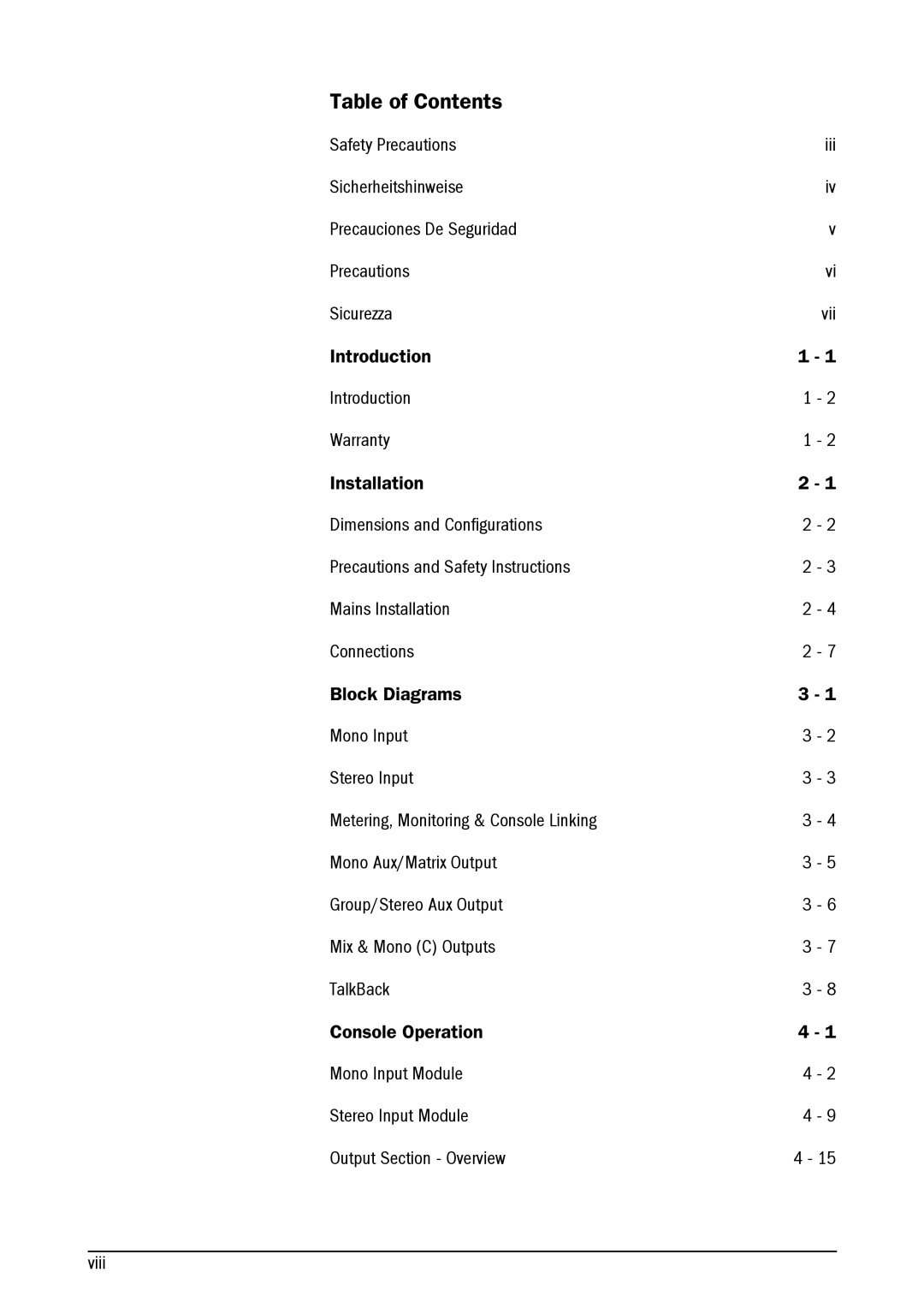 SoundCraft MH4 manual Table of Contents 