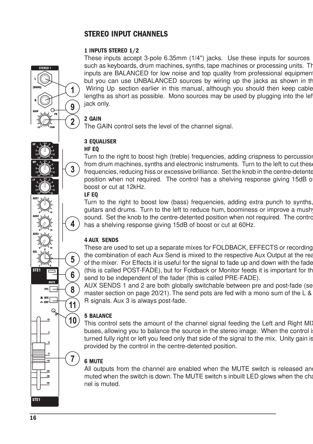 SoundCraft MPM 12/2, MPM 20/2 manual Stereo Input Channels, Inputs Stereo 1/2, Gain, AUX Sends, Balance 