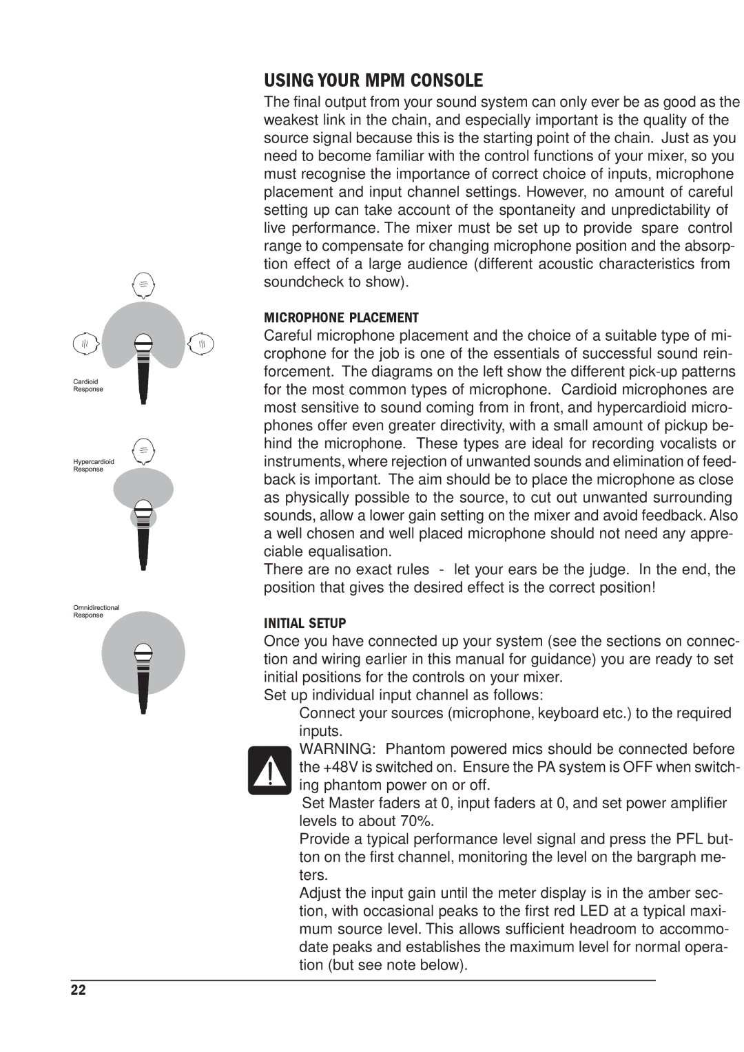 SoundCraft MPM 12/2, MPM 20/2 manual Using Your MPM Console, Microphone Placement, Initial Setup 