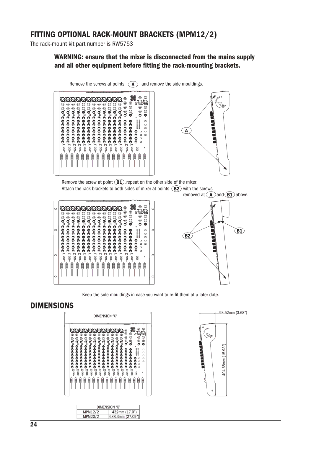 SoundCraft MPM 12/2, MPM 20/2 manual Fitting Optional RACK-MOUNT Brackets MPM12/2, Dimensions 