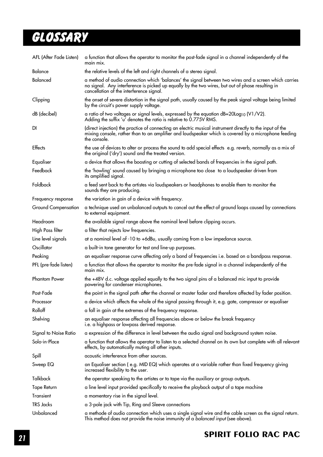 SoundCraft Rac Pac manual GloSSARY, AFL After Fade Listen 