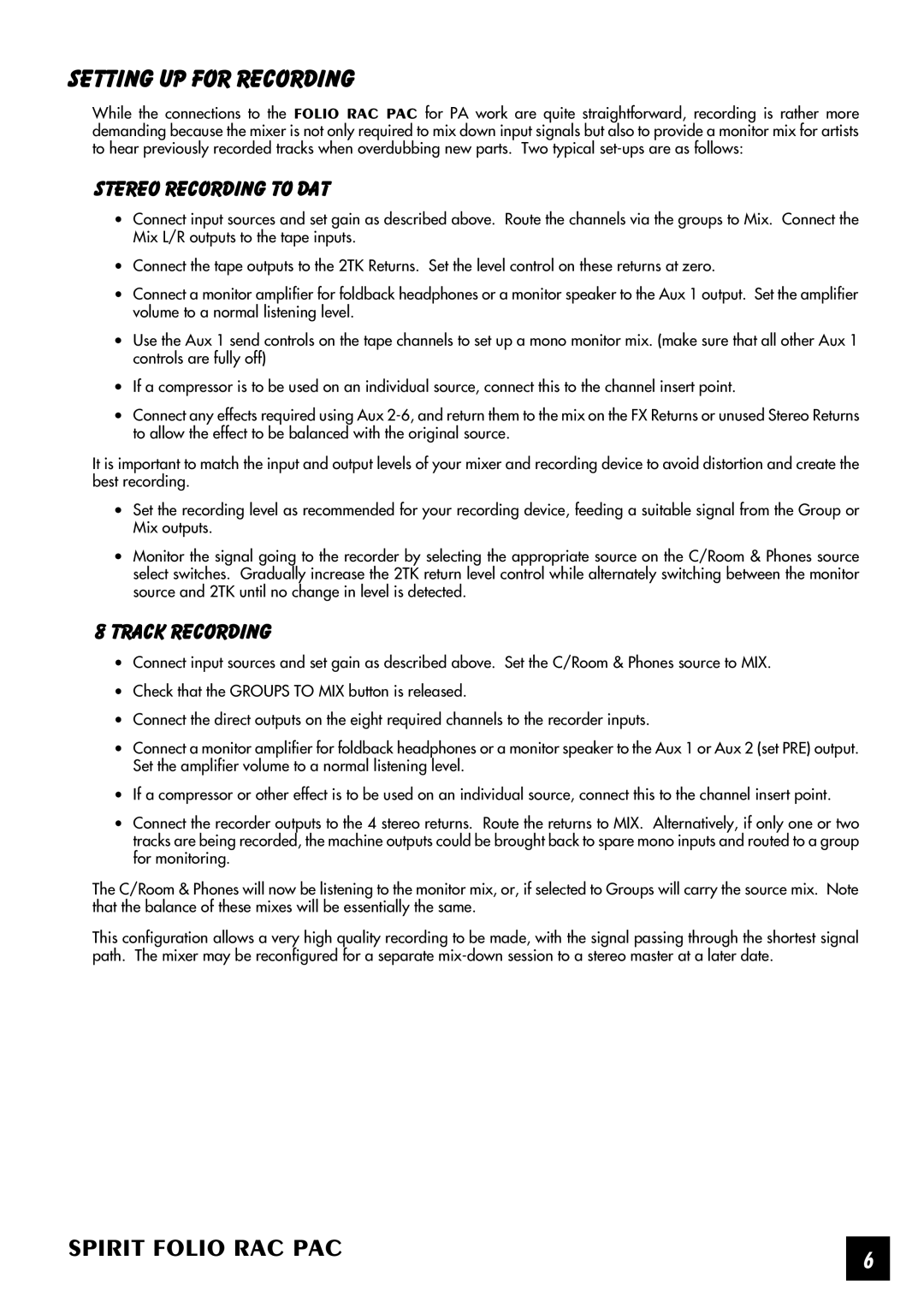 SoundCraft Rac Pac manual Setting UP for Recording, Stereo Recording to DAT, Track Recording 