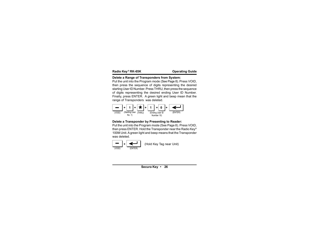 SoundCraft RK-65K manual Delete a Range of Transponders from System, Delete a Transponder by Presenting to Reader 