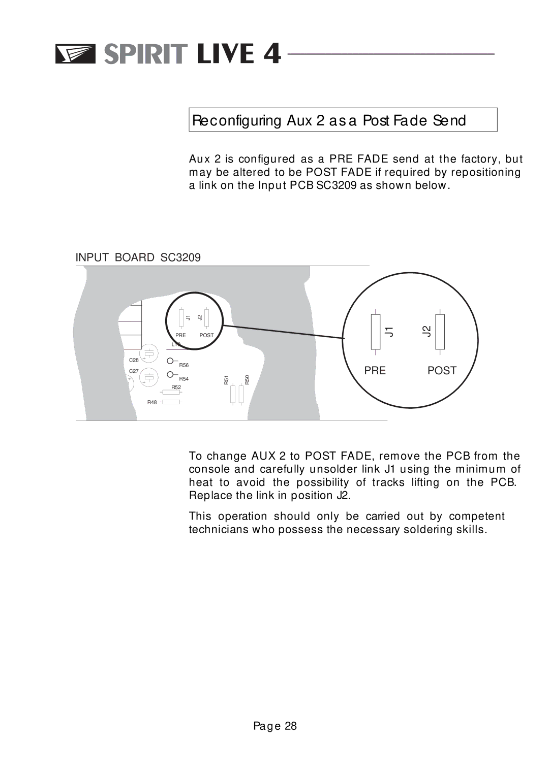 SoundCraft Spirit Live 4 manual Reconfiguring Aux 2 as a Post Fa de Send 