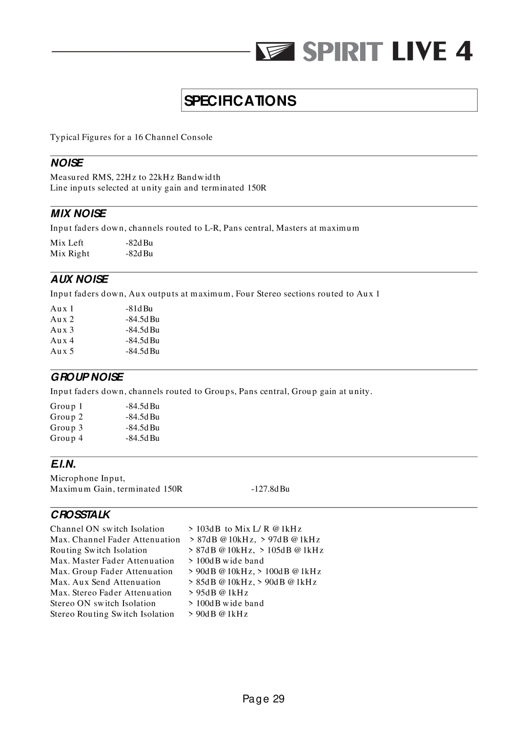 SoundCraft Spirit Live 4 manual Specifications, Noise 