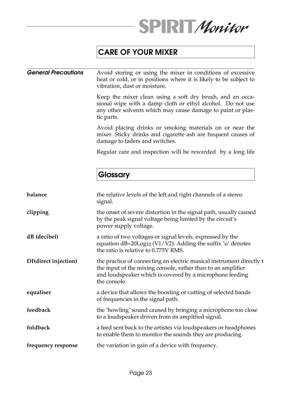 SoundCraft Spirit Monitor manual Care of Your Mixer, Glossary 