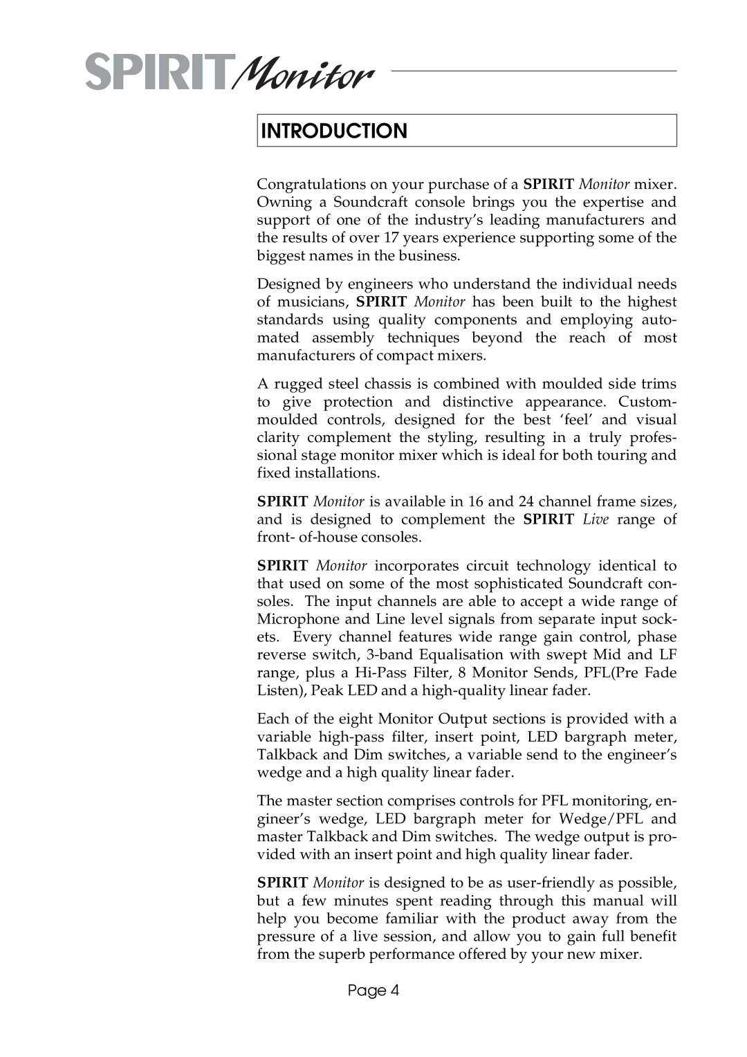 SoundCraft Spirit Monitor manual Introduction 