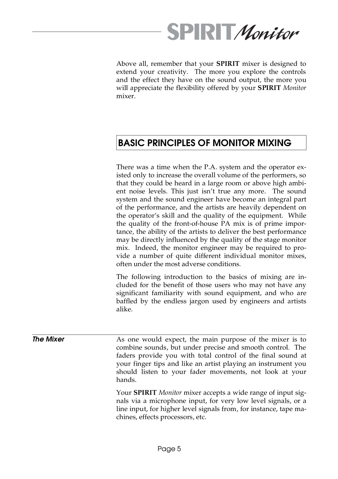 SoundCraft Spirit Monitor manual Basic Principles of Monitor Mixing, Mixer 