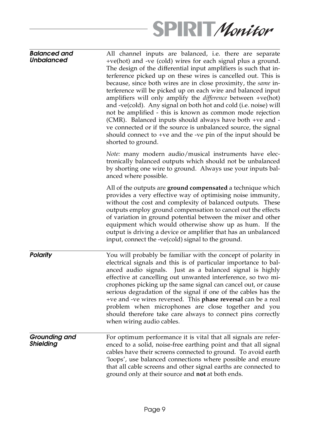 SoundCraft Spirit Monitor manual Balanced and Unbalanced 