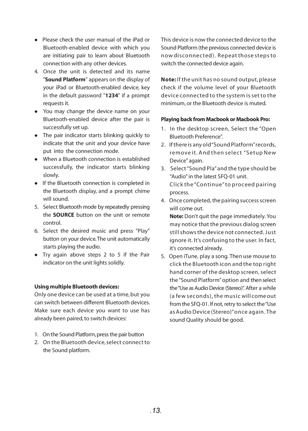 SoundFreaq SFQ-01 manual Using multiple Bluetooth devices, Playing back from Macbook or Macbook Pro 