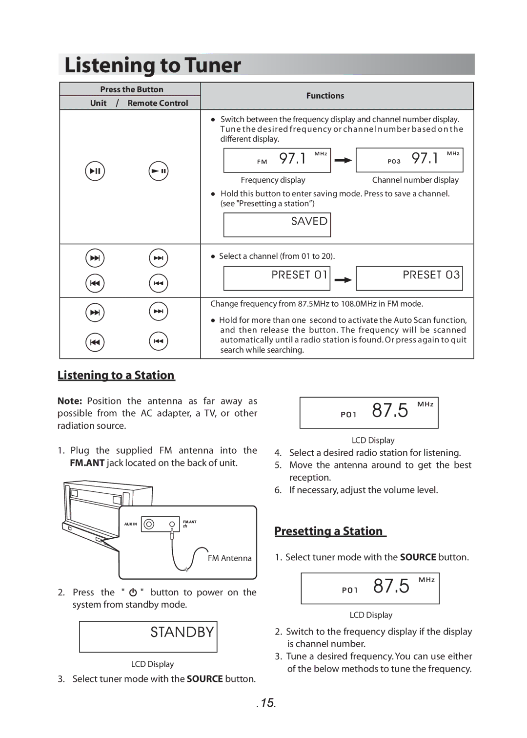 SoundFreaq SFQ-01 manual Listening to Tuner, Listening to a Station, Presetting a Station 