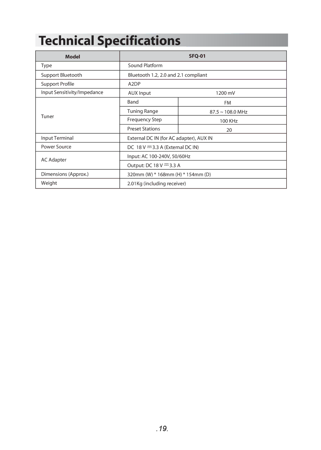 SoundFreaq manual Technical Specifications, Model SFQ-01 