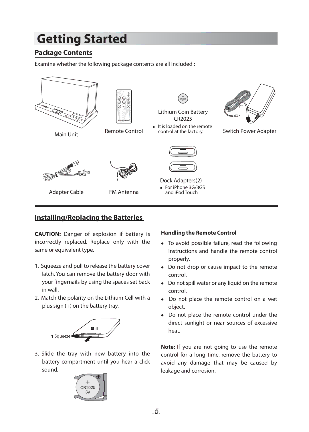 SoundFreaq SFQ-01 manual Getting Started, Package Contents, Installing/Replacing the Batteries 