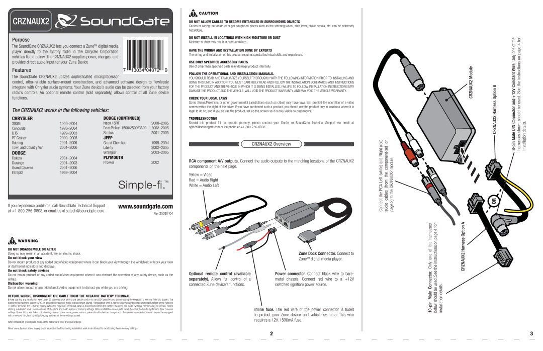 SoundGate manual Chrysler, Dodge, CRZNAUX2 Overview 