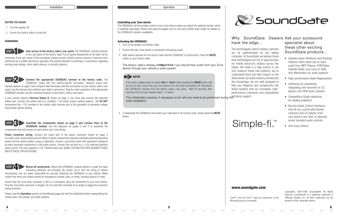 SoundGate CRZNAUX2 manual Installation, Operation, Before YOU Begin, Power connector, High-performance Radio Replacement 