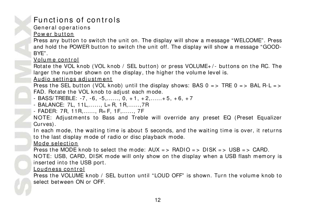 SoundMax SM-CDM1032 instruction manual Functions of controls 