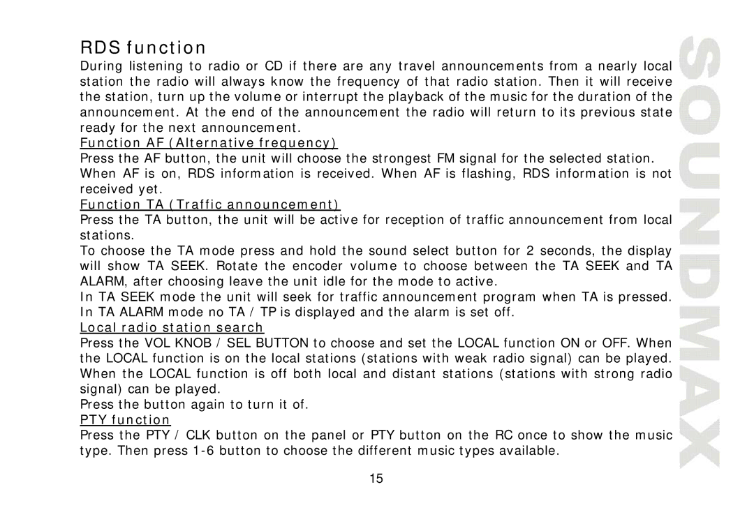 SoundMax SM-CDM1032 RDS function, Function AF Alternative frequency, Function TA Traffic announcement, PTY function 