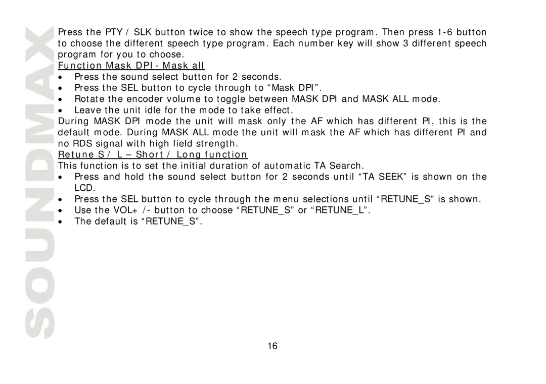 SoundMax SM-CDM1032 instruction manual Function Mask DPI- Mask all, Retune S / L Short / Long function 