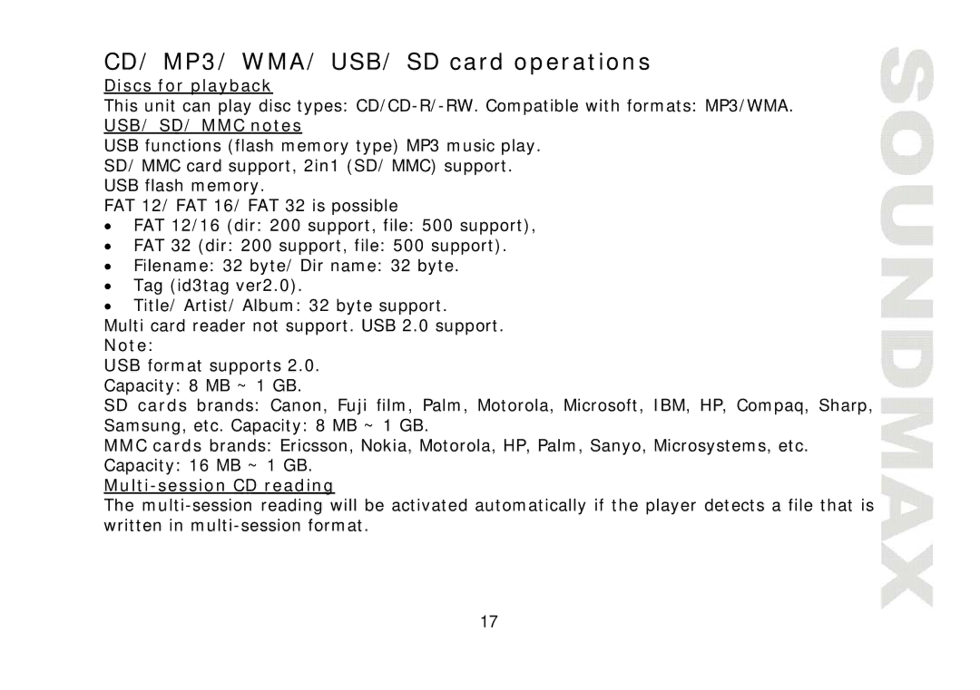 SoundMax SM-CDM1032 instruction manual CD/ MP3/ WMA/ USB/ SD card operations, Discs for playback, USB/ SD/ MMC notes 