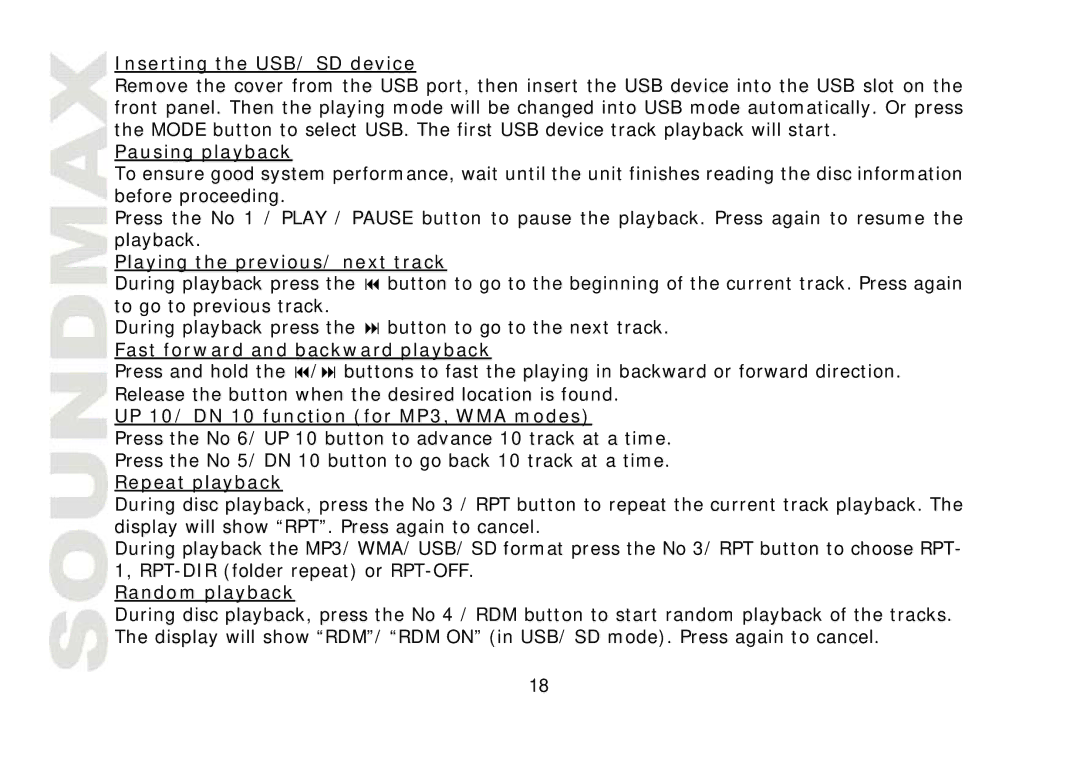 SoundMax SM-CDM1032 Inserting the USB/ SD device, Pausing playback, Playing the previous/ next track, Repeat playback 