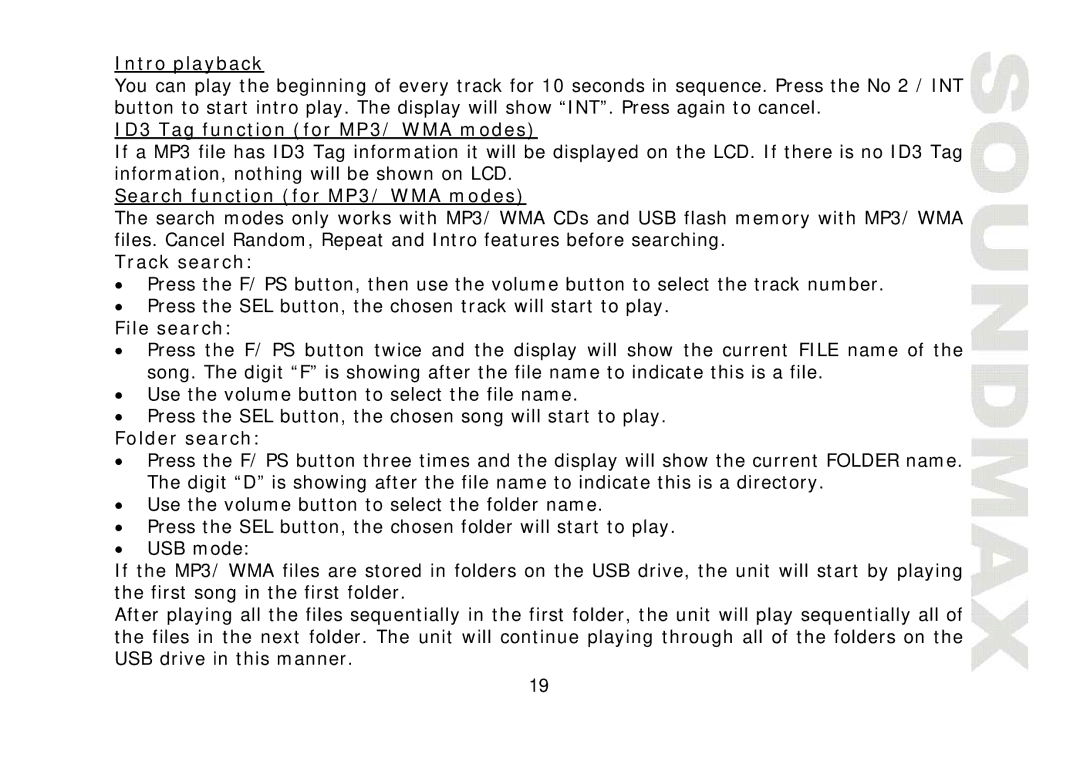 SoundMax SM-CDM1032 Intro playback, ID3 Tag function for MP3/ WMA modes, Search function for MP3/ WMA modes, Track search 