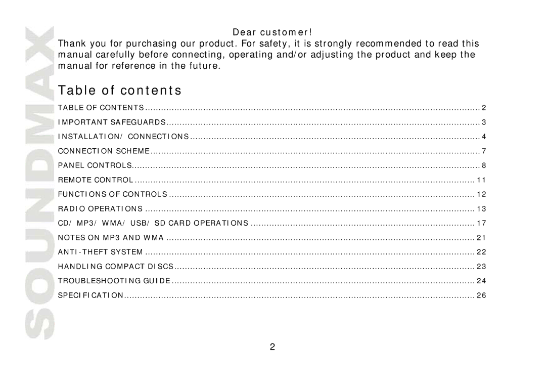 SoundMax SM-CDM1032 instruction manual Table of contents 