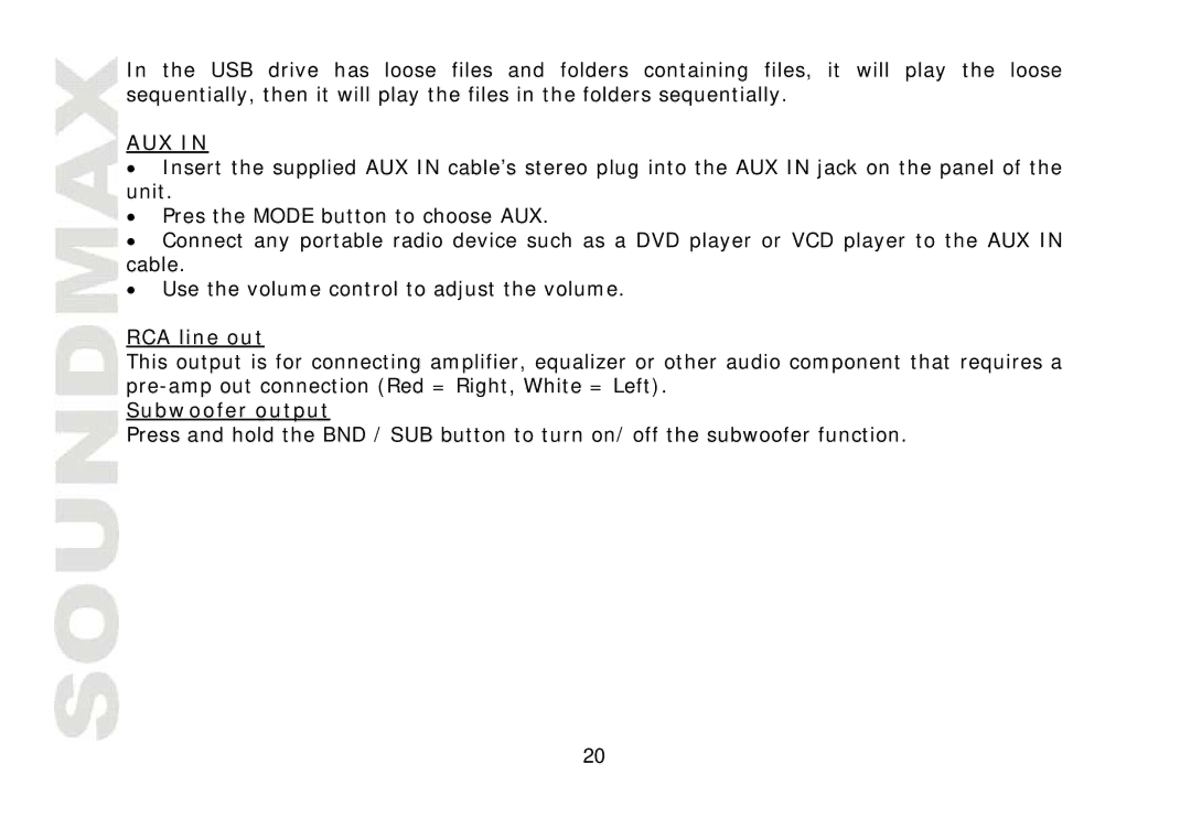 SoundMax SM-CDM1032 instruction manual RCA line out, Subwoofer output 