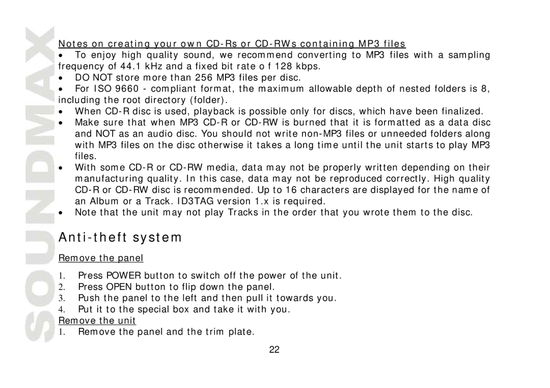 SoundMax SM-CDM1032 instruction manual Anti-theft system 