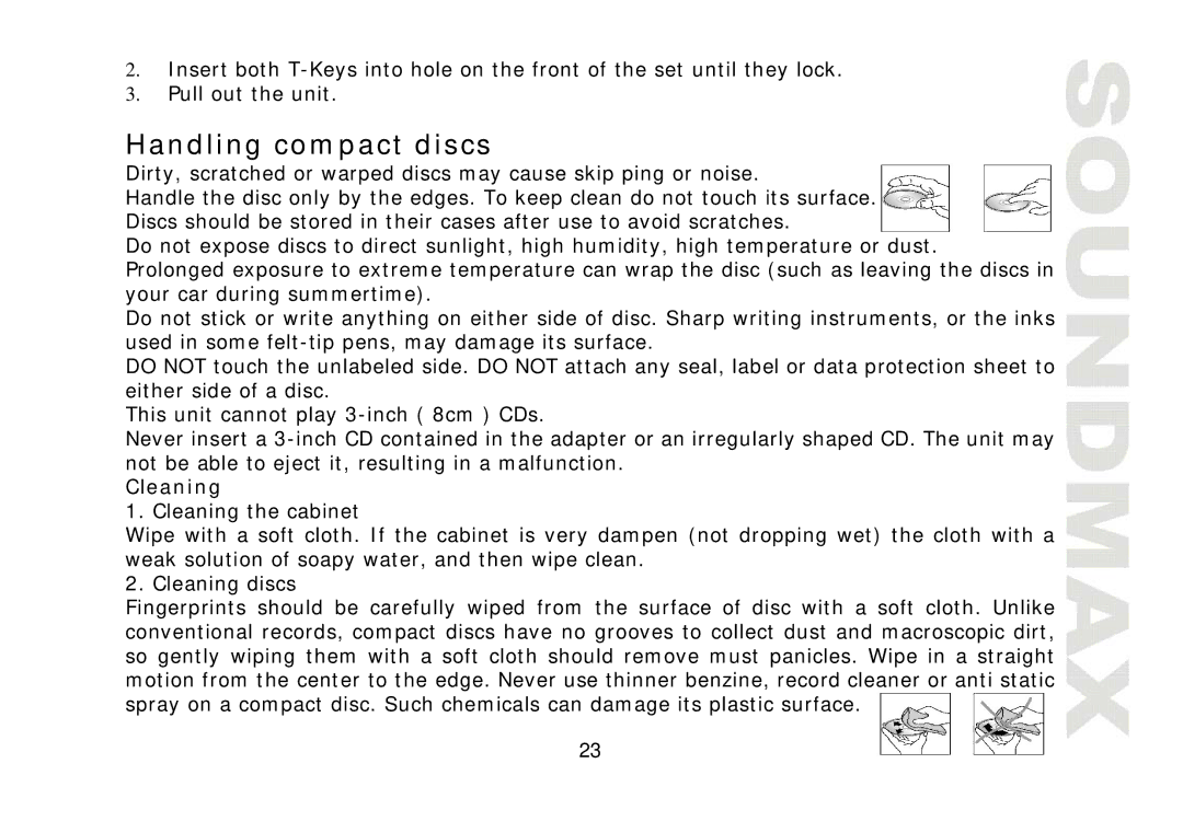 SoundMax SM-CDM1032 instruction manual Handling compact discs, Cleaning 